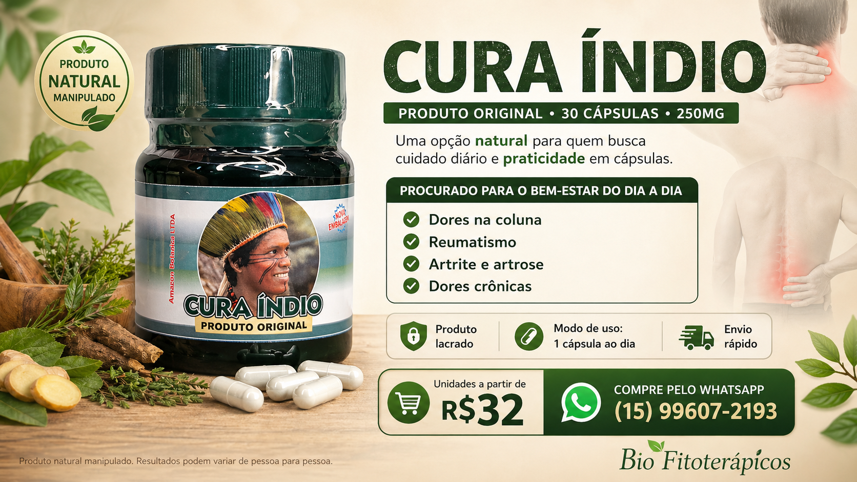 Banner promocional do Cura Índio Produto Original, produto natural manipulado com 30 cápsulas de 250mg, com pote do produto, cápsulas, elementos naturais, informações de uso diário, envio rápido, produto lacrado e atendimento via WhatsApp.